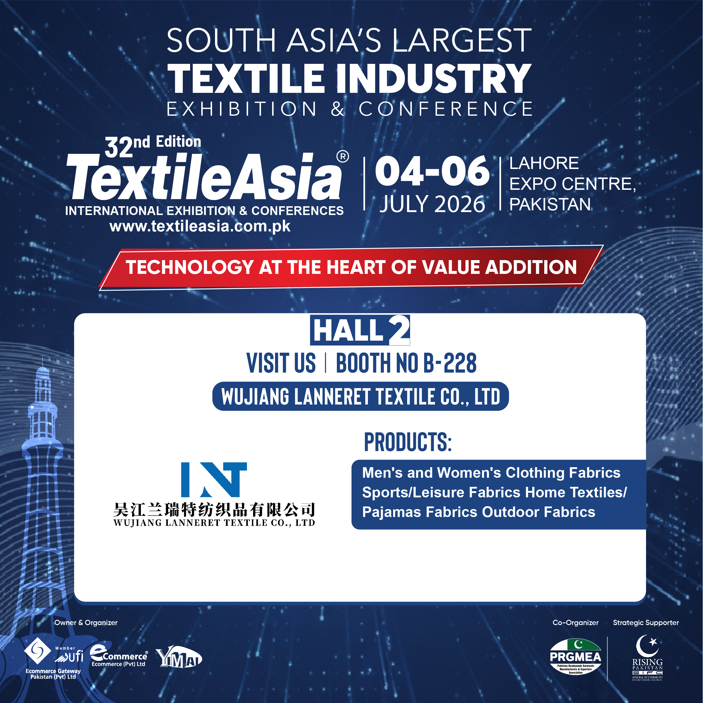 Wujiang Lanneret Textile Co., Ltd. viser frem premium stoffløsninger på Textile Asia & CFT Asia 2026 i Lahore